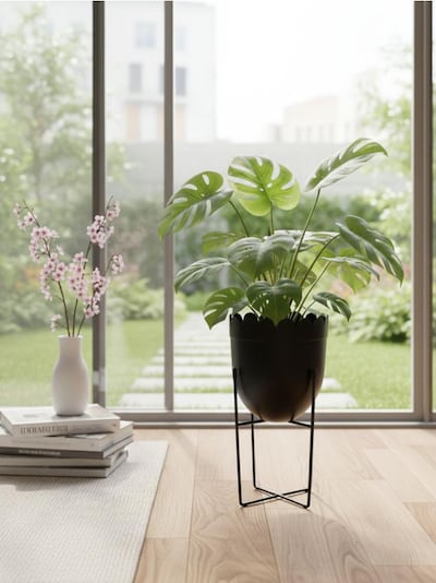 Kovový květináč na stojanu s ozdobným okrajem