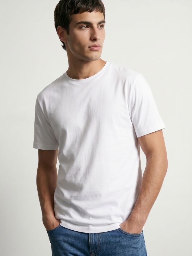 Sinsay - Tricou slim fit din bumbac cu mânecă scurtă - alb