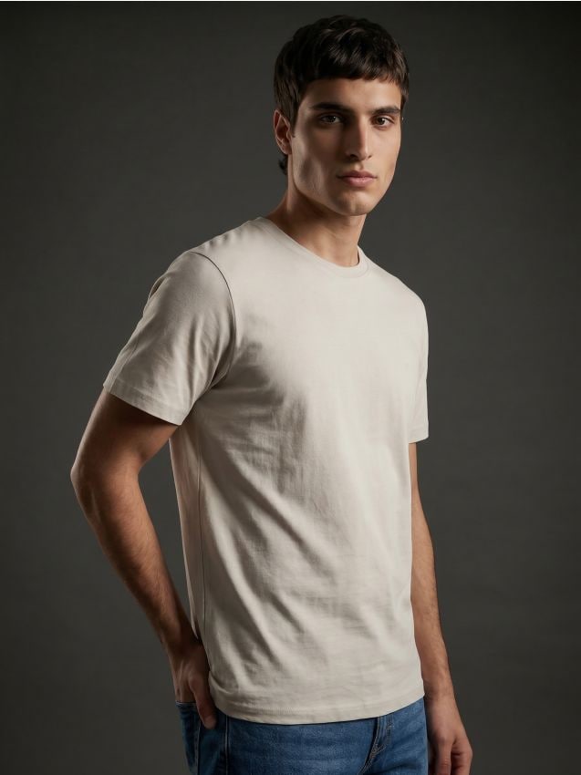 Sinsay - Tricou slim fit din bumbac cu mânecă scurtă - nude
