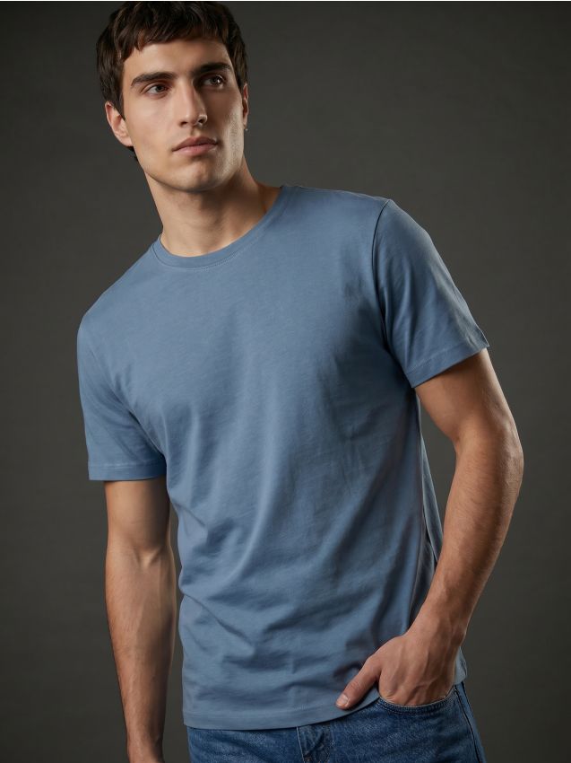 Sinsay - Tricou slim fit din bumbac cu mânecă scurtă - albastru
