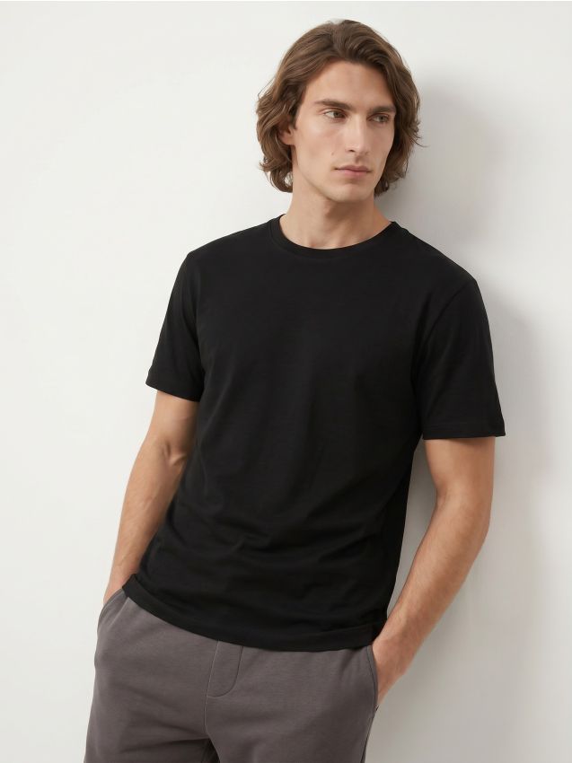 Sinsay - Tricou slim fit din bumbac cu mânecă scurtă - negru