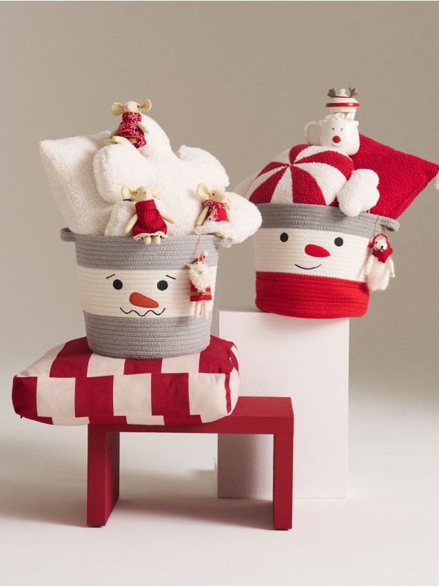 Sinsay - Vianočný úložný kôš s ušami a motívom snehuliaka - svetlošedá