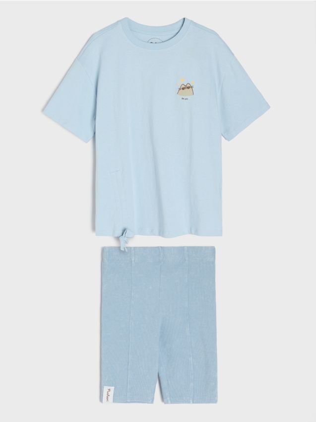 Sinsay - Komplet: koszulka i kolarki Pusheen the Cat - niebieski