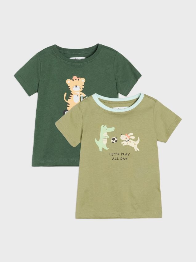 Sinsay - Tricouri din bumbac cu imprimeu 2 pack - verde-prăfuit