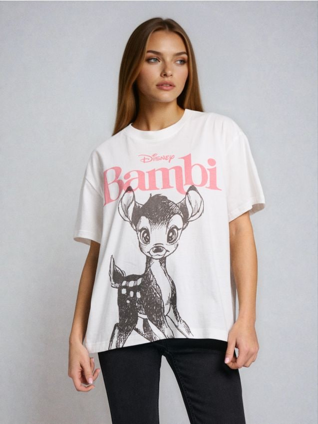 Sinsay - Tricou din bumbac cu imprimeu Bambi - crem