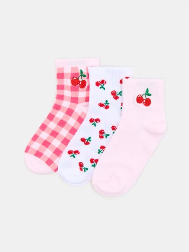 Sinsay - Șosete cu motiv cireșe set 3 perechi - roz
