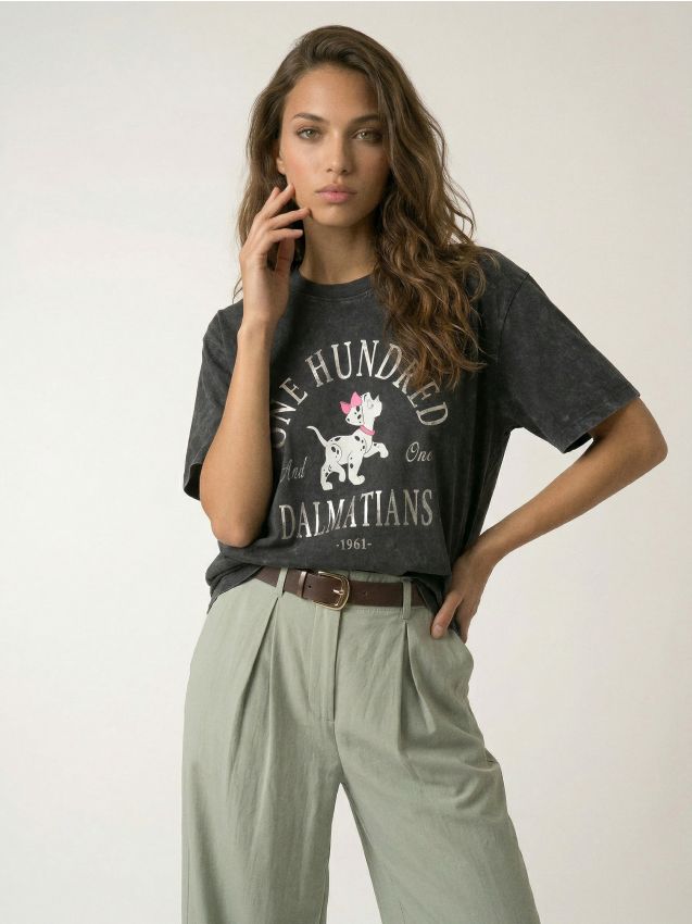 Sinsay - Tricou din bumbac cu efect de prespălare 101 Dalmatians - gri-închis