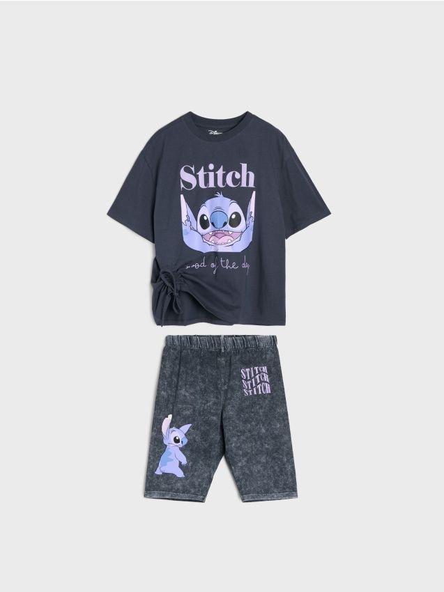 Sinsay - Set din bumbac: tricou și pantaloni de ciclism cu imprimeu Stitch - multicolor