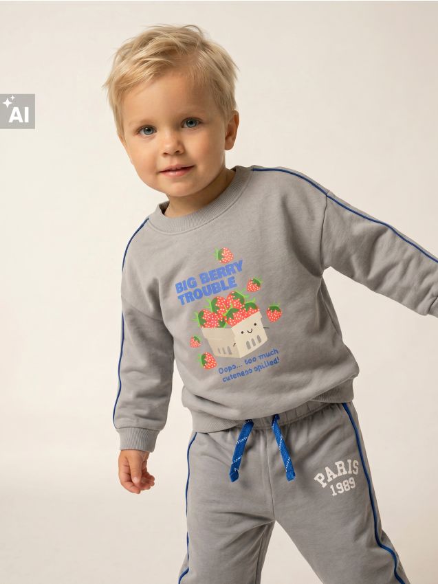 Sinsay - Bluza crewneck cu imprimeu căpșuni - gri deschis