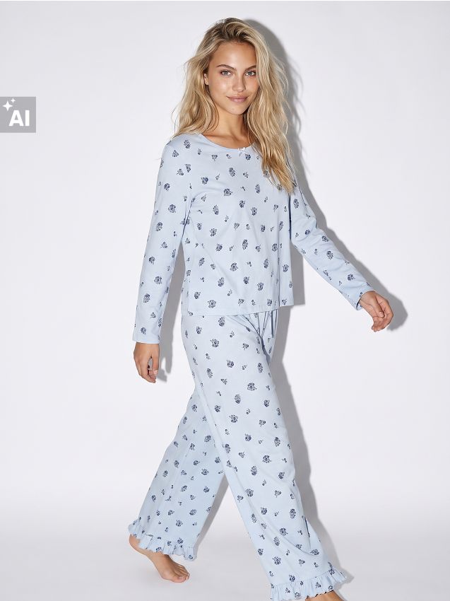 Sinsay - Pijama din bumbac din două piese cu motiv floral - albastru-pal