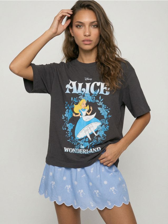 Sinsay - Tricou cu imprimeu Alice in the Wonderland - gri-închis