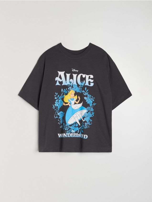 Sinsay - Tricou cu imprimeu Alice in the Wonderland - gri-închis