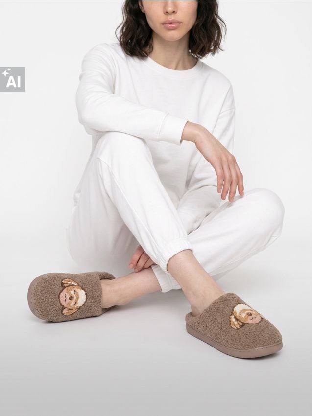 Sinsay - Papuci teddy cu motiv de câine spaniel - bej