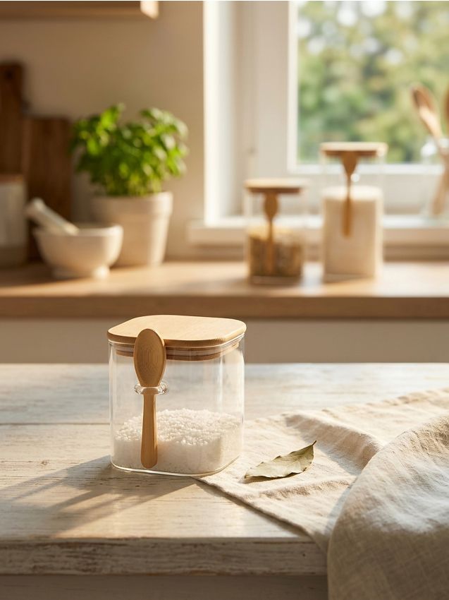 Contenitore per alimenti in vetro con coperchio in bambù e cucchiaino - clear