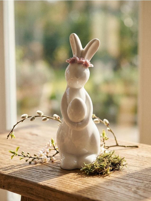 Sinsay - Figurină de Paște din ceramică – iepuraș cu bentiță florală - alb