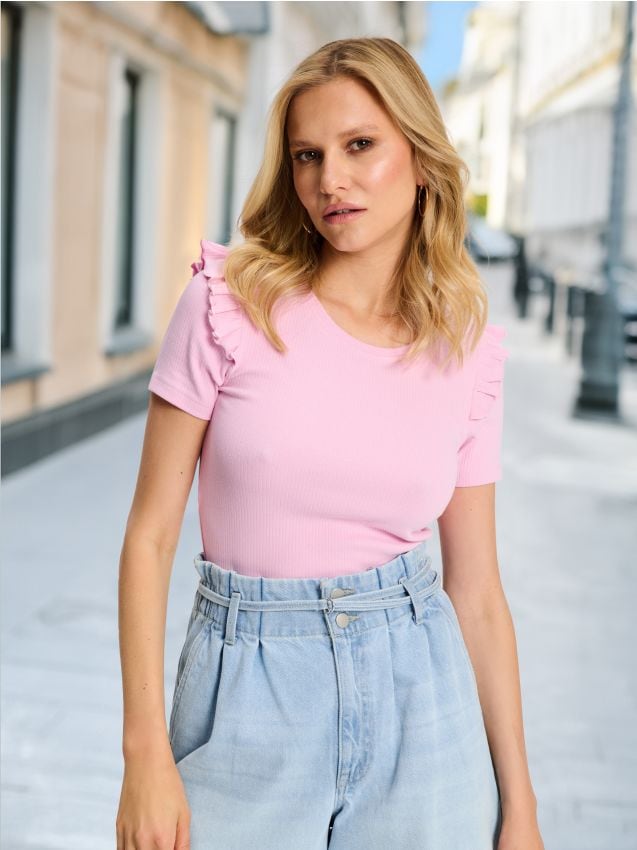 Sinsay - Tricou cu volănașe la mâneci - roz-aprins