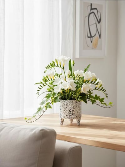 Blumentopf auf Beinen mit Sprenkelmuster