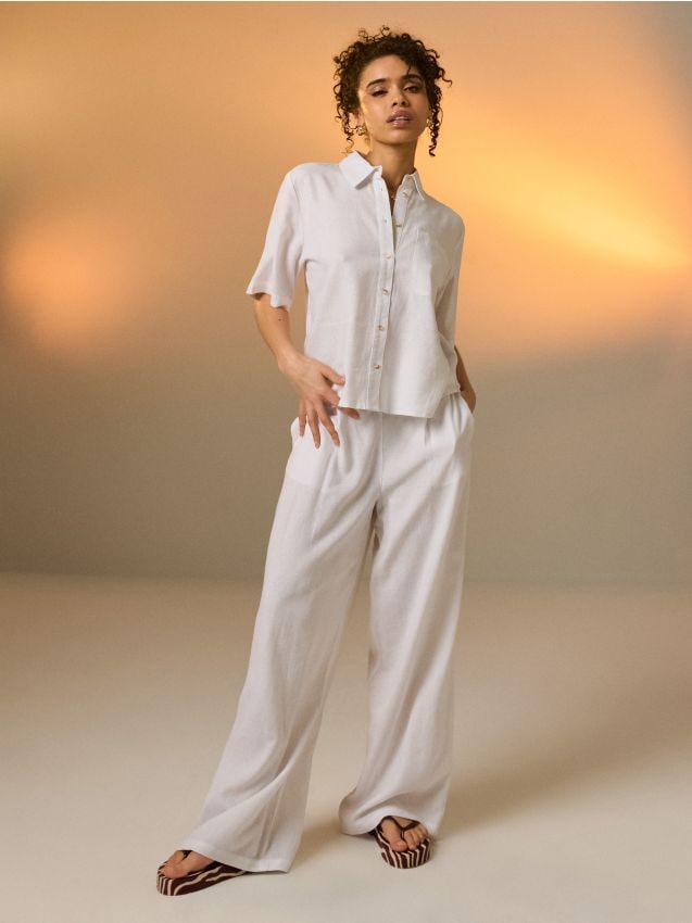 Sinsay - Pantaloni largi cu amestec de in - alb