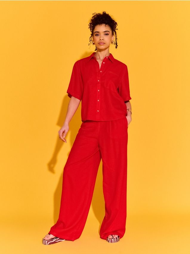 Sinsay - Pantaloni largi cu amestec de in - roșu-aprins