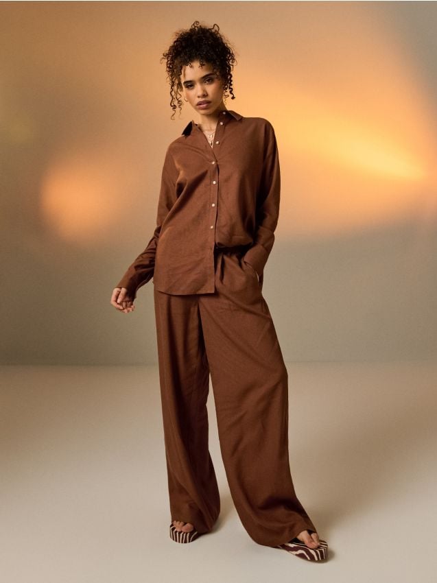 Sinsay - Pantaloni largi cu amestec de in - bej