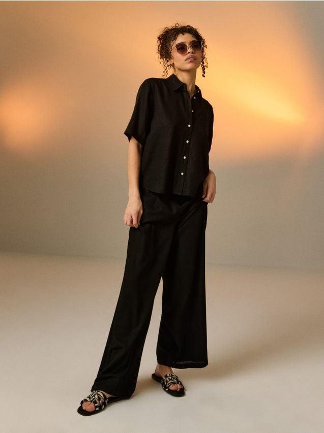 Sinsay - Pantaloni largi cu amestec de in - negru