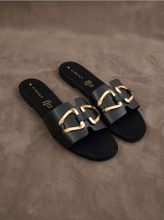 Sinsay - Papuci cu branț cu piele naturală - negru