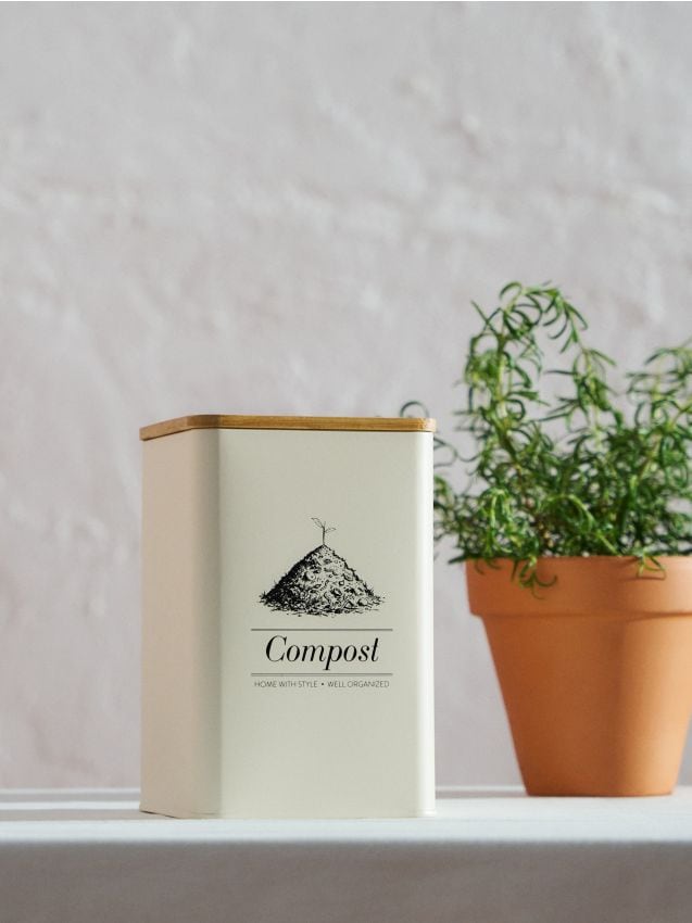 Sinsay - Recipient metalic pentru deșeuri organice cu capac din bambus - crem