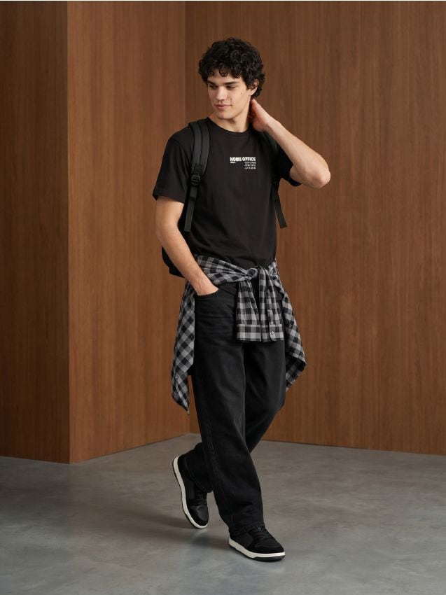 Sinsay - Tricou din bumbac cu mânecă scurtă cu imprimeu - negru-antracit