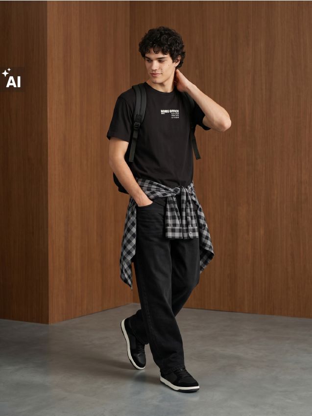Sinsay - Tricou din bumbac cu mânecă scurtă cu imprimeu - negru-antracit