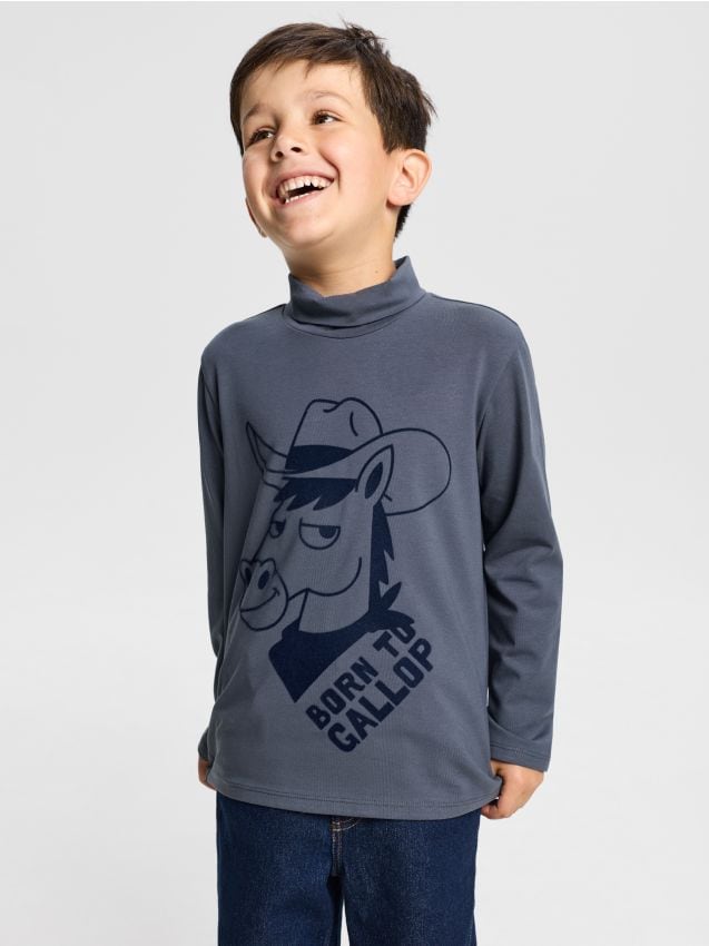 Sinsay - Tricou din bumbac cu mânecă lungă și imprimeu cu cal - bleumarin