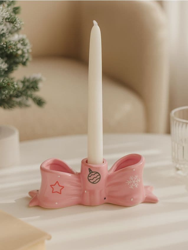 Sinsay - Vianočný kameninový svietnik v tvare mašle - pastelová ružová