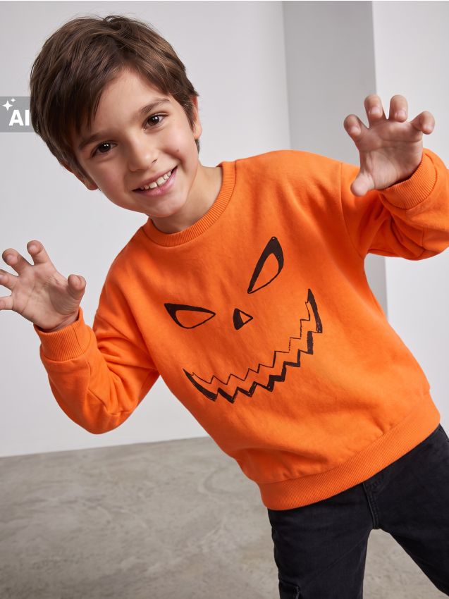Sinsay - Bluză crewneck din bumbac cu motiv de Halloween - oranj-mandarină