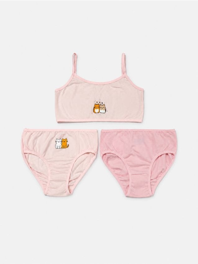 Sinsay - Set de lenjerie din bumbac: bustieră și chiloți cu motiv de pisici 3 pack - multicolor