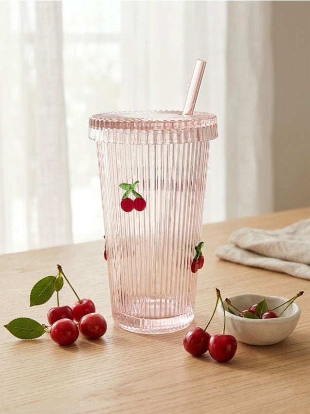 Bicchiere in vetro con coperchio e cannuccia con motivo di ciliegie in rilievo - rosa pastello
