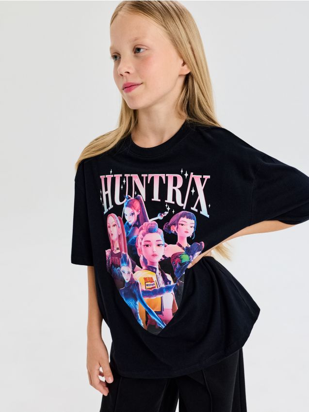 Sinsay - Tricou oversize din bumbac cu imprimeu K-Pop Demon Hunters - negru