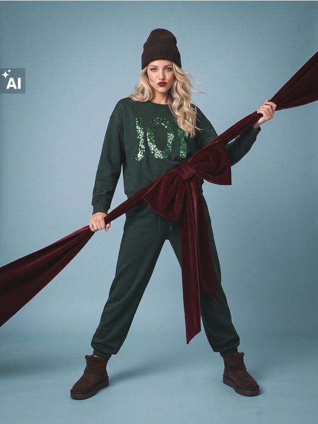 Sinsay - Bluză crewneck de Crăciun cu inscripție din paiete JOY - albastru-verzui
