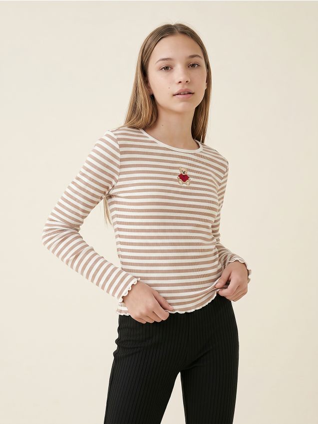 Sinsay - Tricou din bumbac cu mânecă lungă și broderie cu ursuleț - multicolor