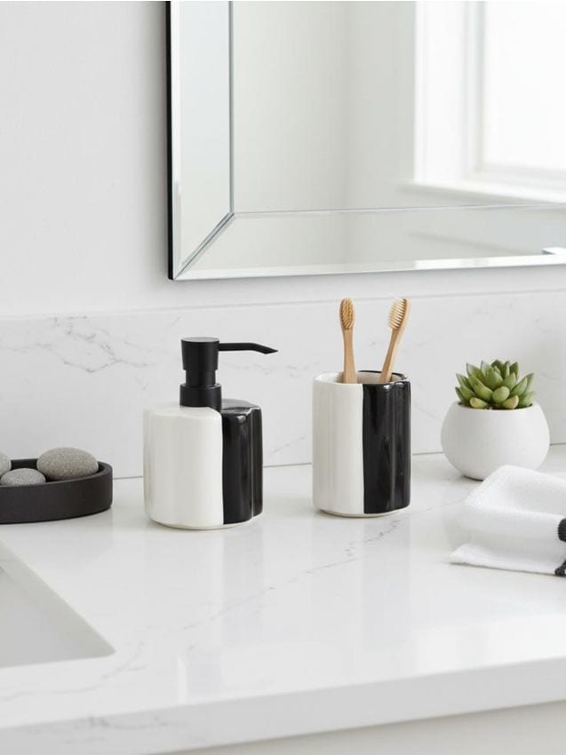 Sinsay - Set de baie din ceramică în două culori, cu dozator și pahar - negru