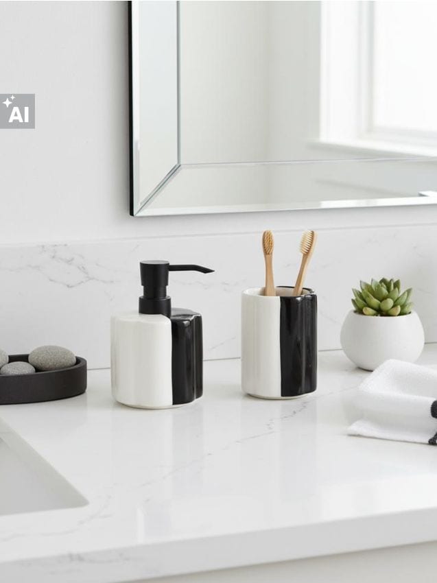 Sinsay - Set de baie din ceramică în două culori, cu dozator și pahar - negru