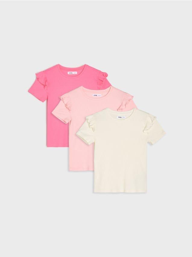 Sinsay - Bawełniana koszulka z ozdobnymi falbankami 3 pack - wielobarwny