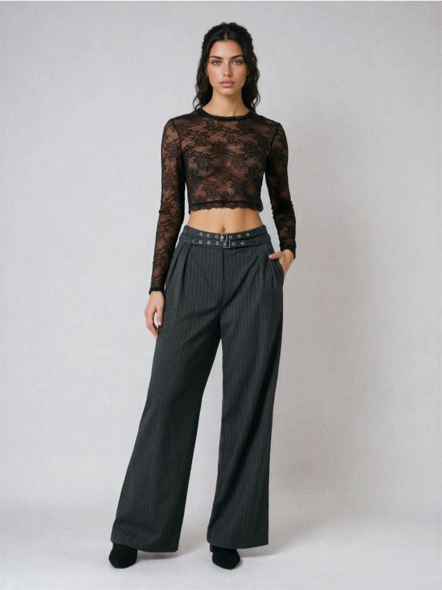 Sinsay - Spodnie wide leg z paskiem - szary