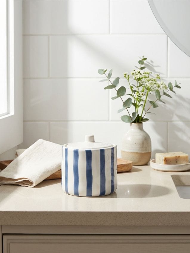 Sinsay - Recipient ceramic cu capac în dungi - albastru