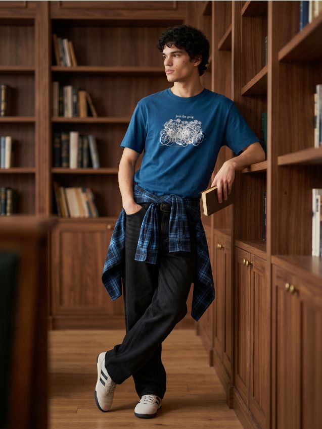 Sinsay - Tricou din bumbac comfort fit cu motiv bicicletă - Gri-albăstrui