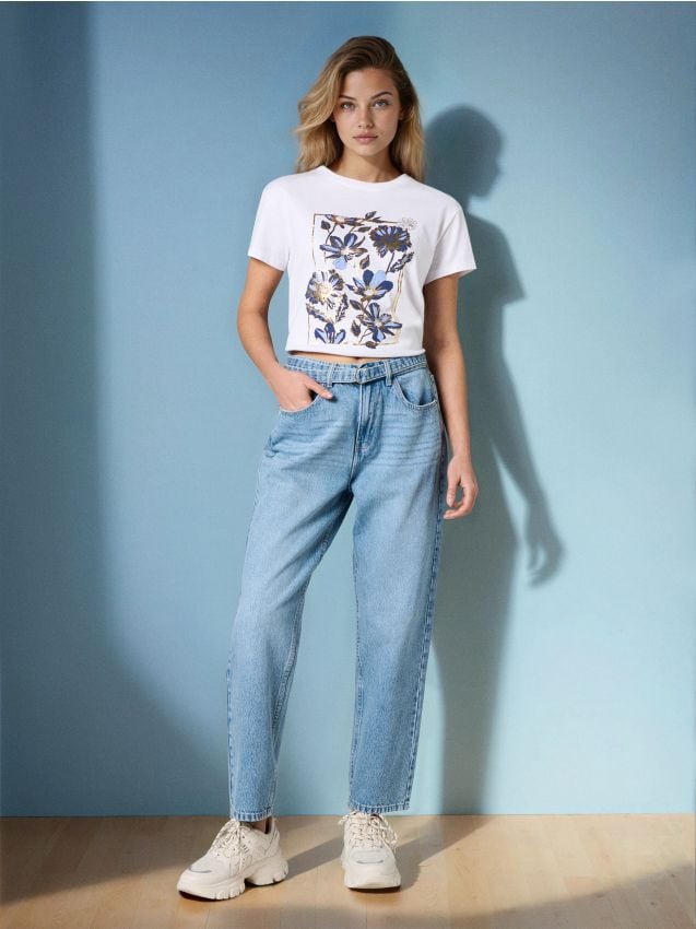 Sinsay - Blugi mom fit cu efect spălat - albastru