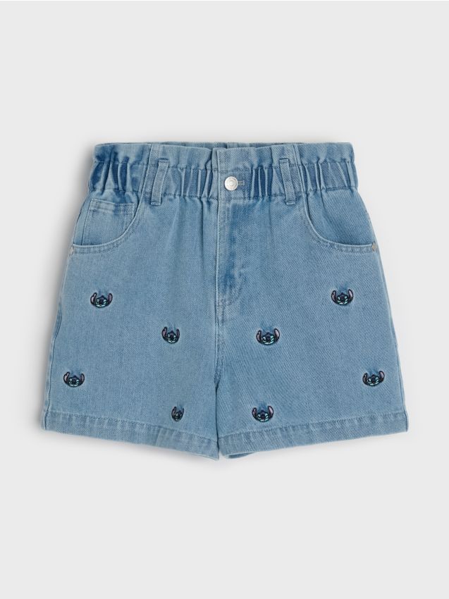 Sinsay - Szorty jeansowe pull on z haftem Stitch - niebieski