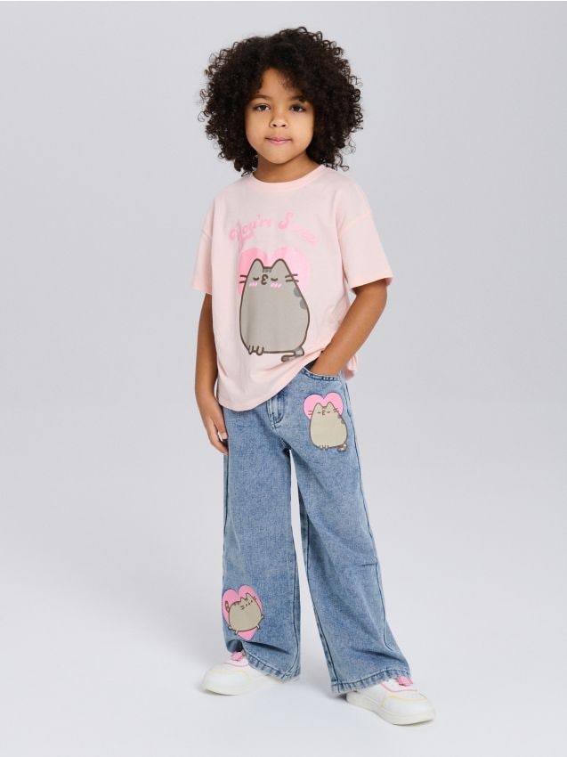 Sinsay - Jeansy wide leg z efektem sprania Pusheen the Cat - niebieski