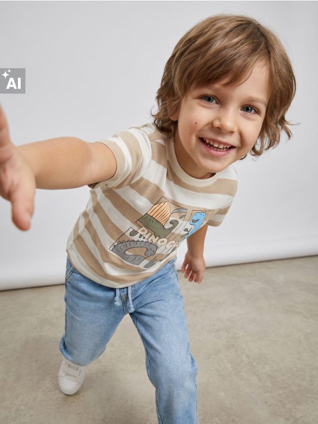 Sinsay - Tricou oversize din bumbac cu imprimeu cu dinozauri - crem