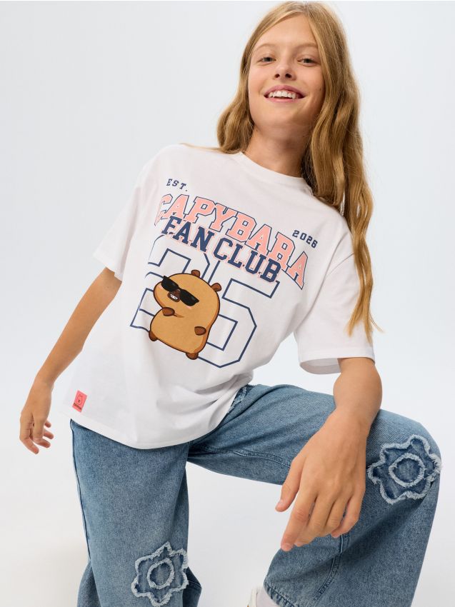Sinsay - Tricou din bumbac oversize cu imprimeu cu capibara - alb