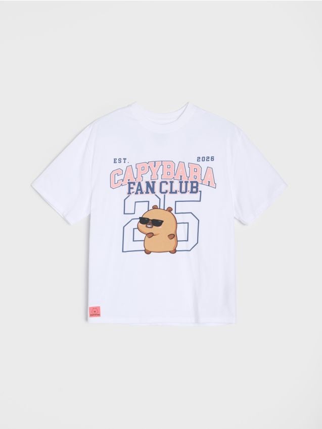Sinsay - Tricou din bumbac oversize cu imprimeu cu capibara - alb