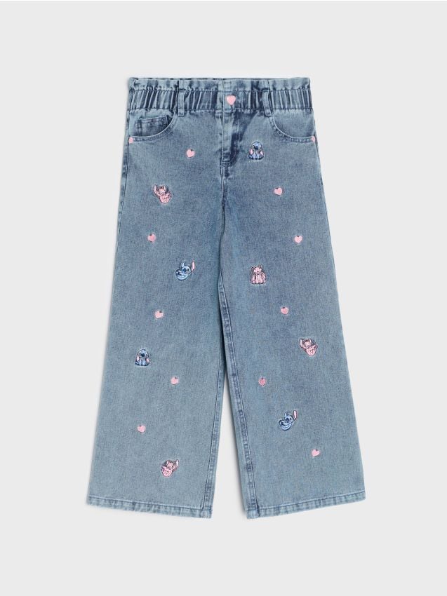 Sinsay - Blugi wide leg cu broderie Lilo & Stitch - albastru